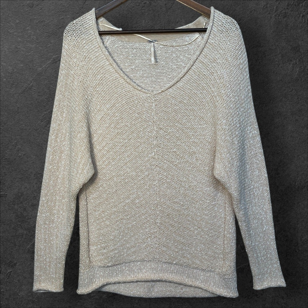 Free People V-Neck Pullover Sweater Womens XS Cream Tan Marled Knit Good